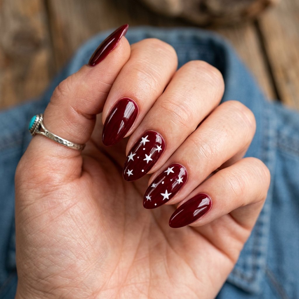 Dark Cherry Red Nails with White Star Details