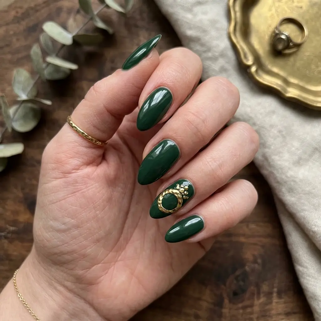 Fine Hammered Gold Ring on Deep Green Nails
