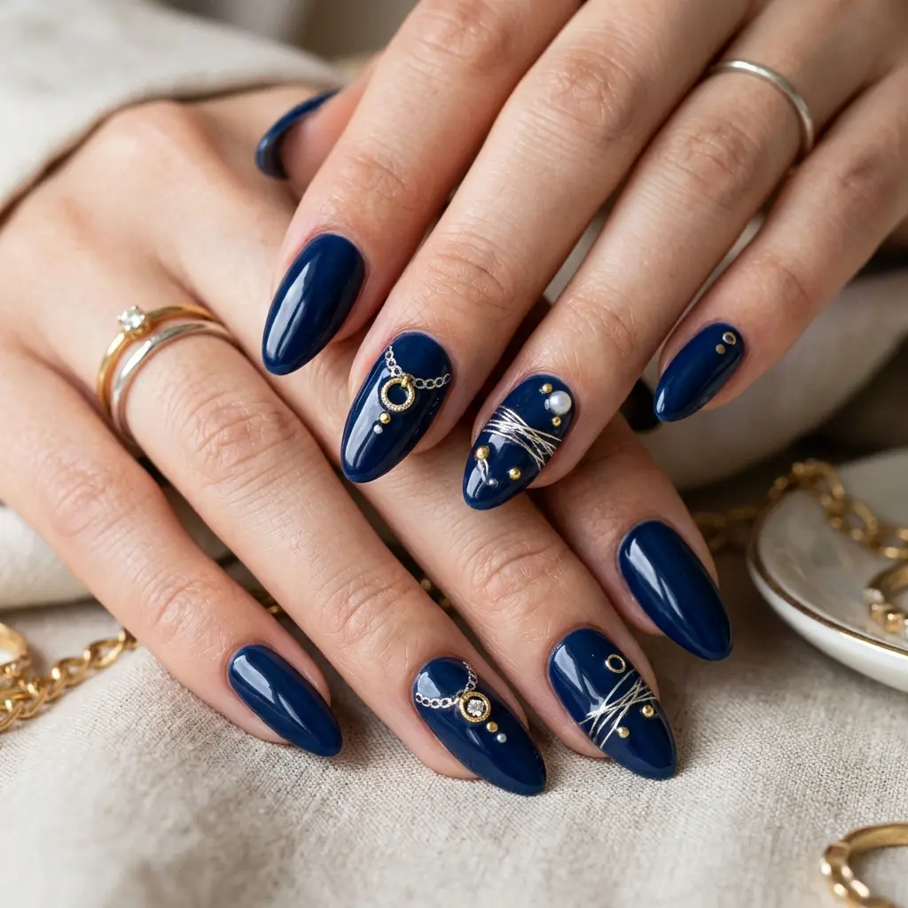 Silver and Gold Mixed Ring Nails on Dark Navy Base