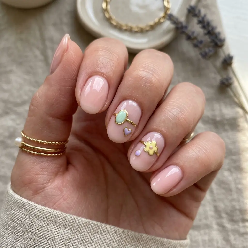 Pastel Enamel Rings on Short Oval Nails