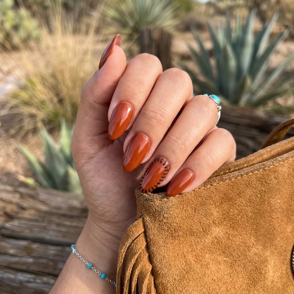 Warm Rust Orange Nails with Black Stitch Detail