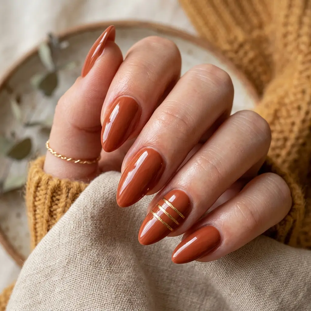 Triple Ring Stack on Warm Terracotta Nails