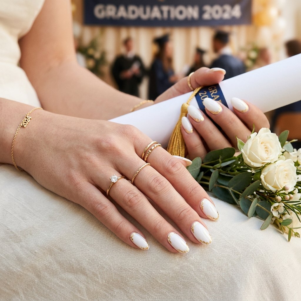 White Nails with Gold Foil Accents