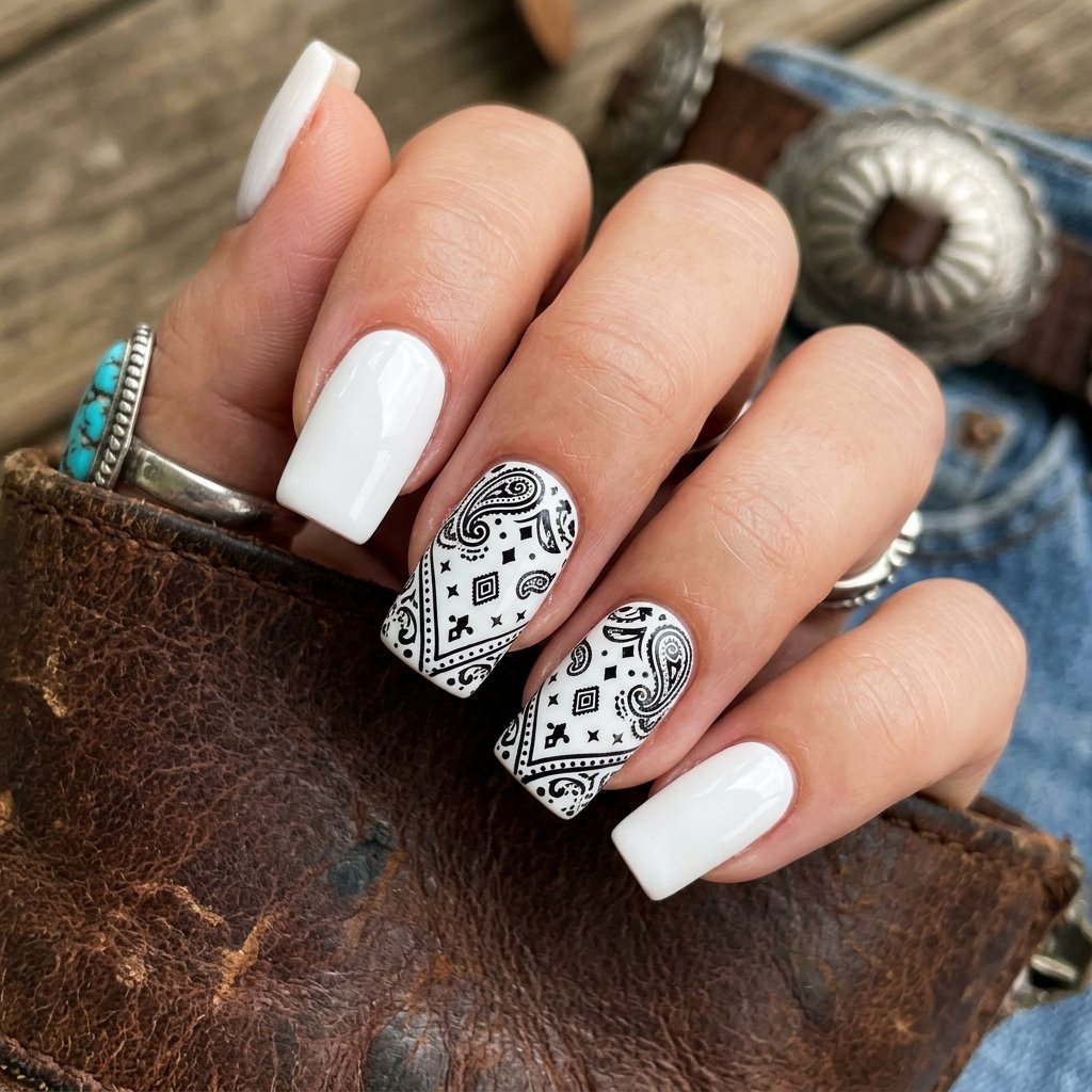 Black and White Bandana Print Nails