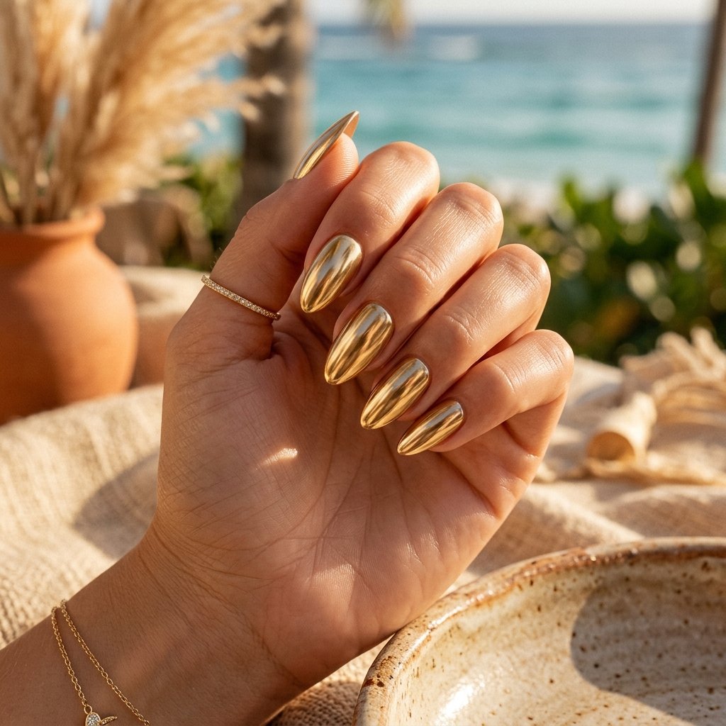 Gold Chrome Almond Nails
