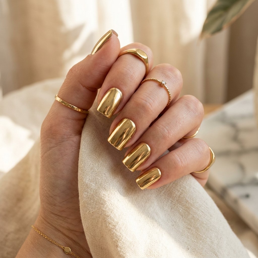 Gold Chrome Short Square Nails