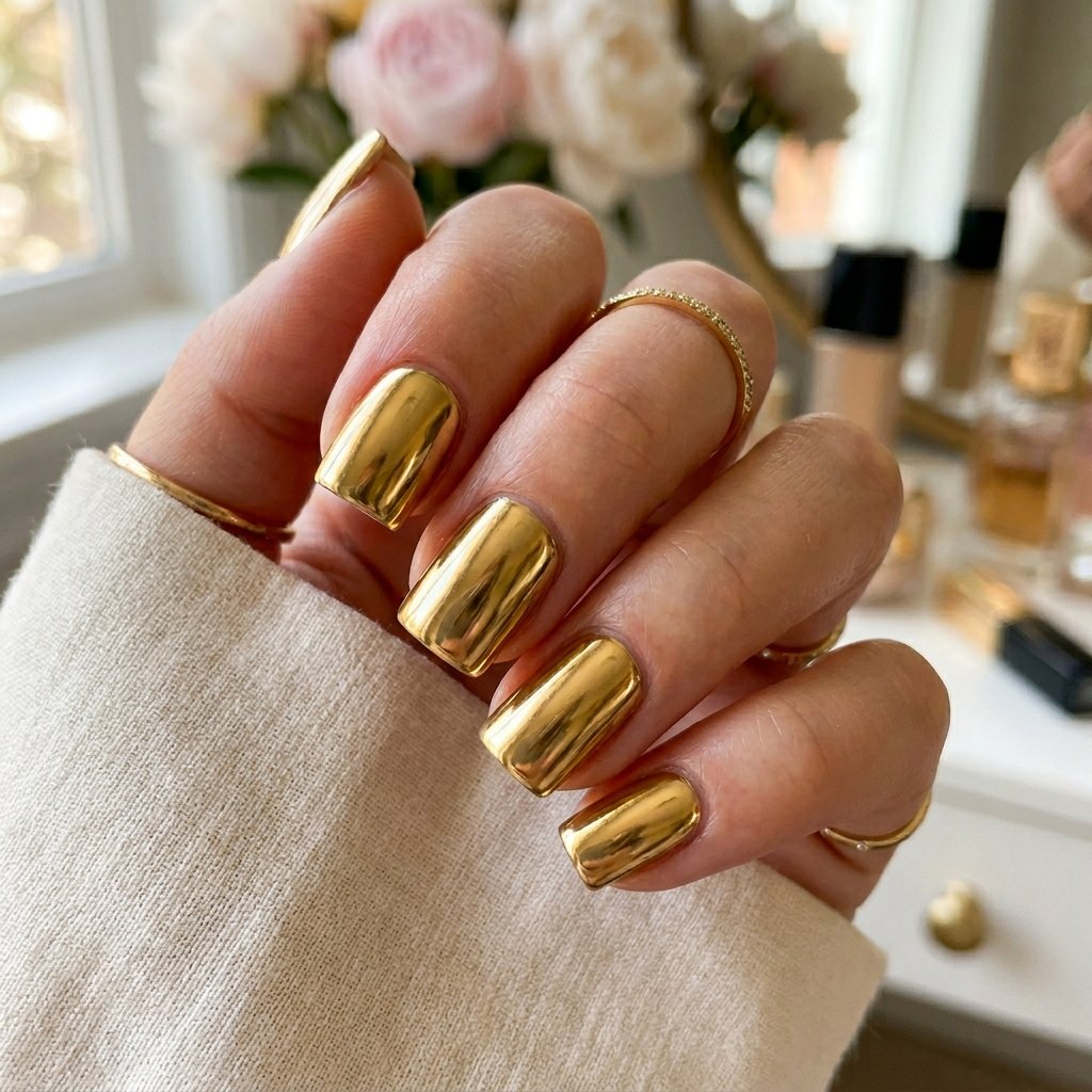 Gold Chrome Short Square Nails