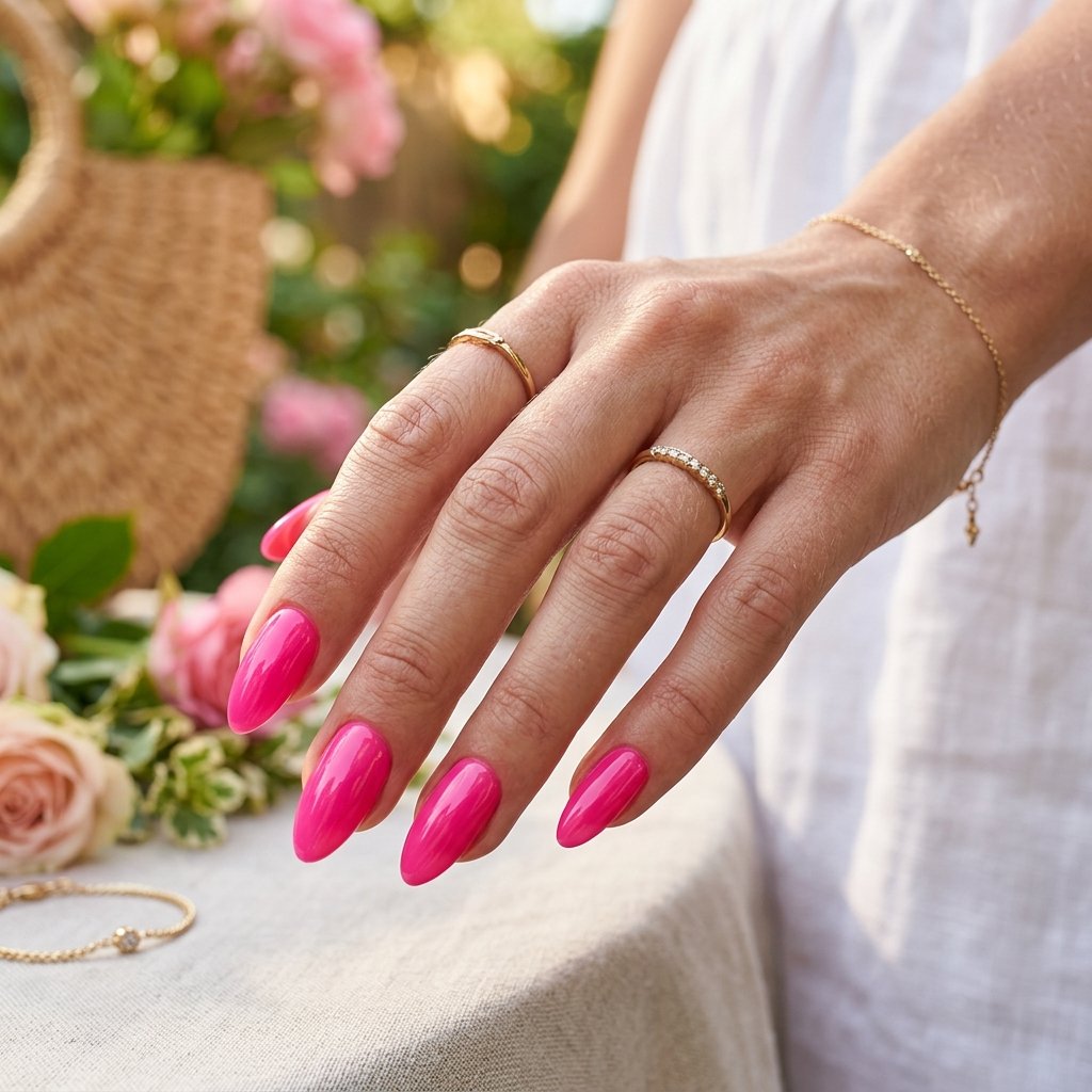 Hot Pink Glazed Almond Nails