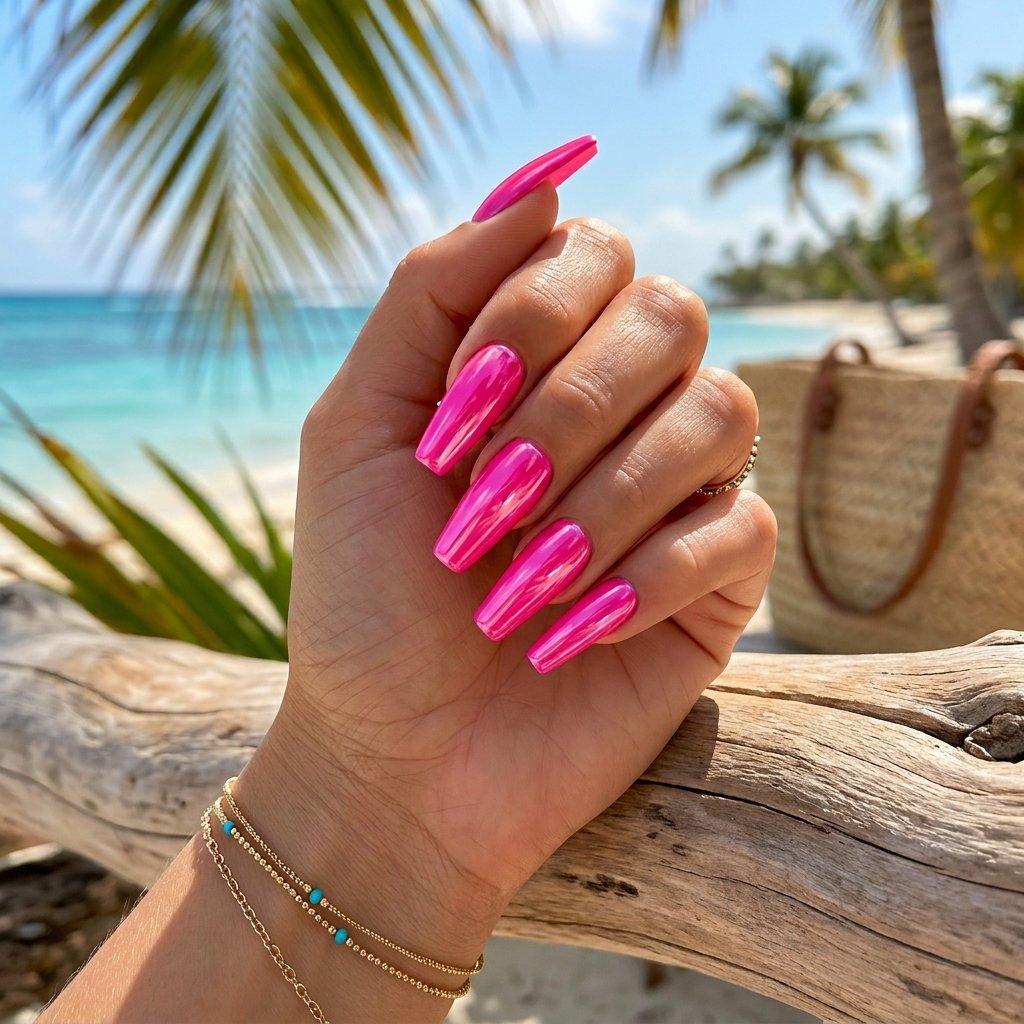 Bright Hot Pink Glazed Coffin Nails