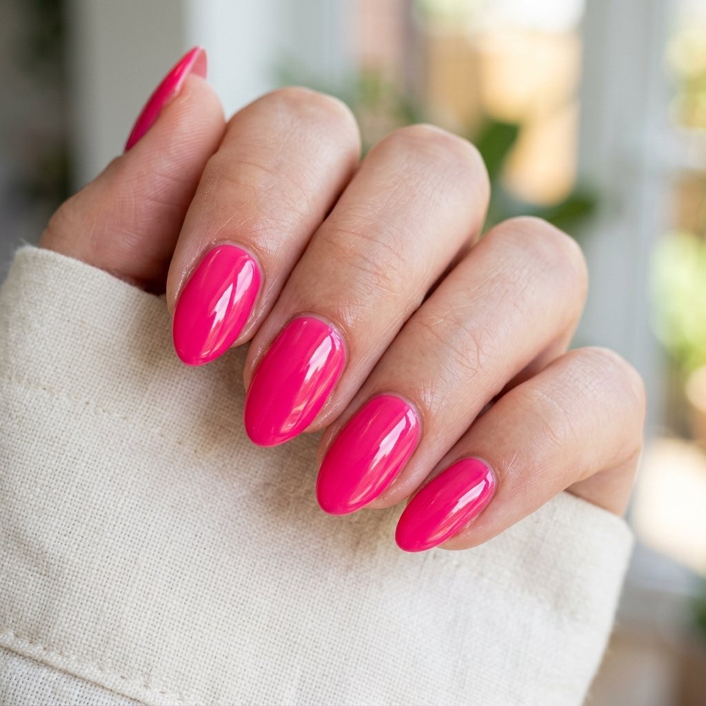 Hot Pink Glossy Short Almond Nails