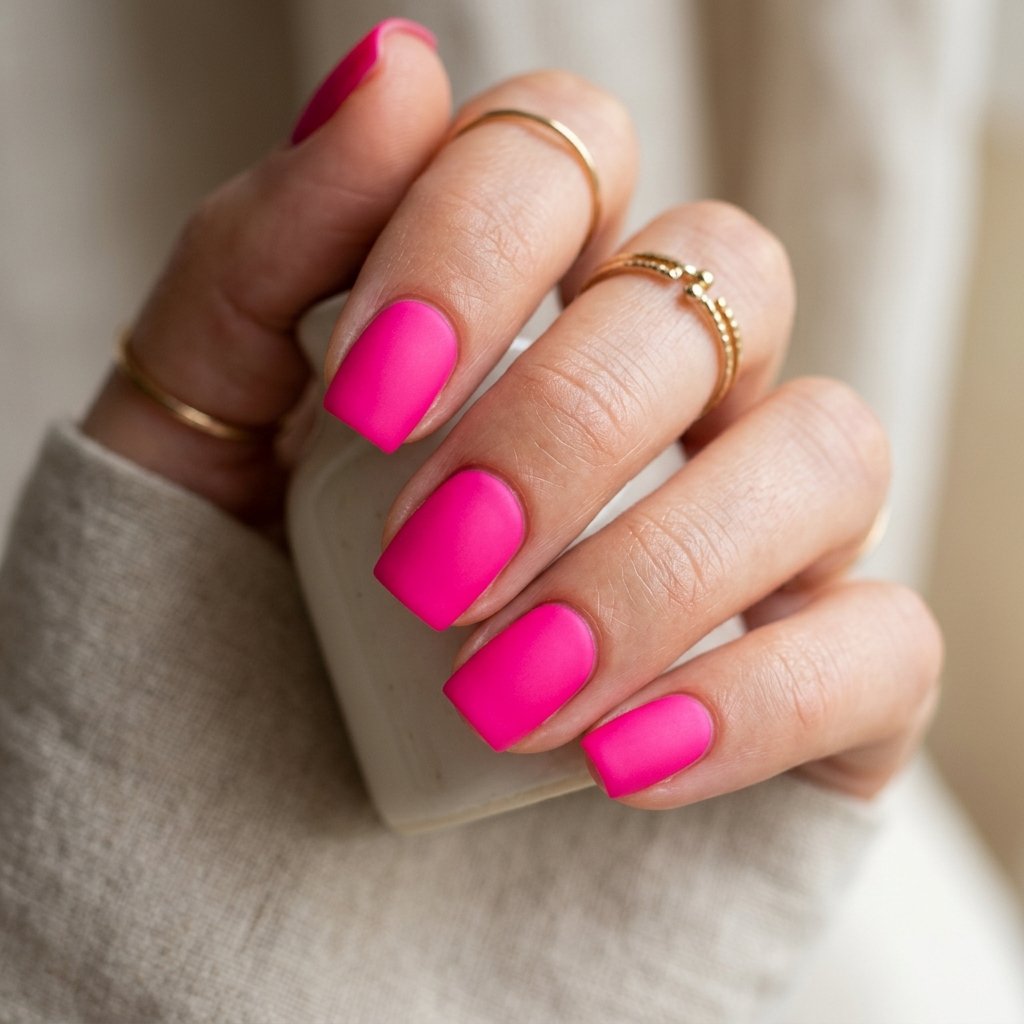 Hot Pink Ultra Matte Short Square Nails