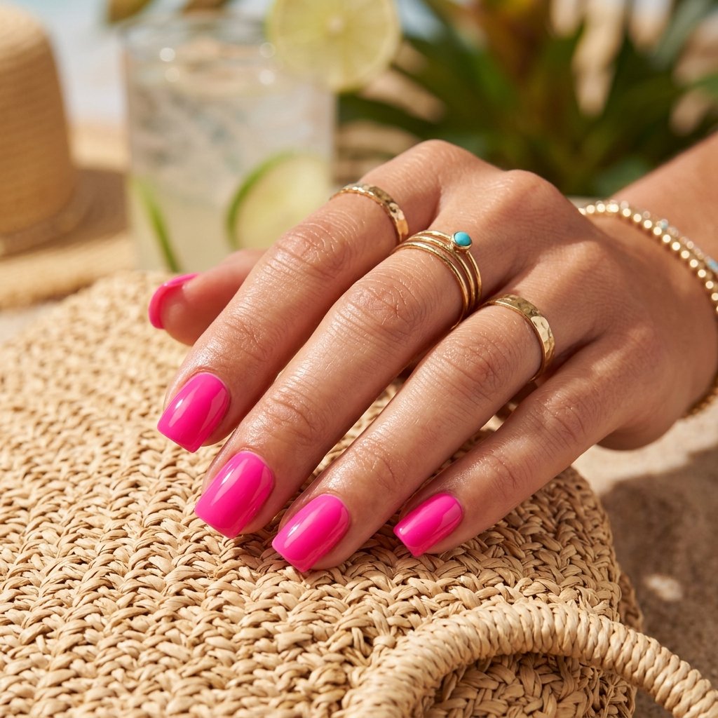 Hot Pink Short Square Nails