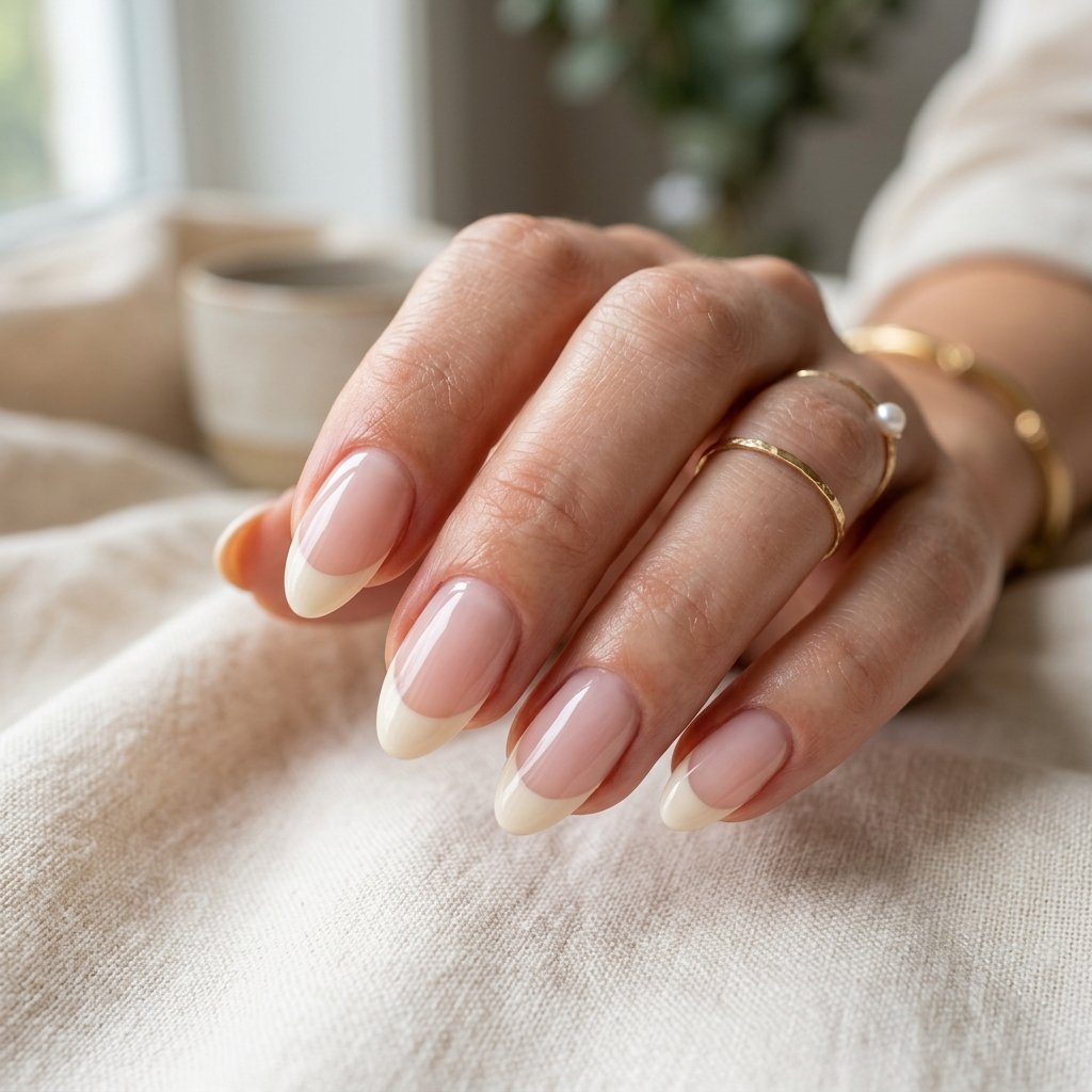 Warm Ivory French Tips on Short Almond Nails