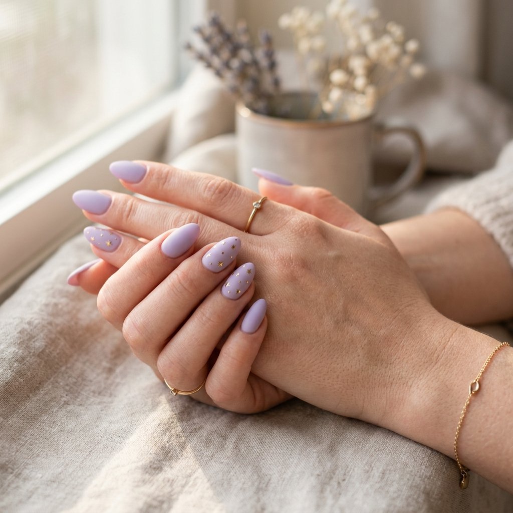 Soft Lavender Matte Nails with Gold Star Details