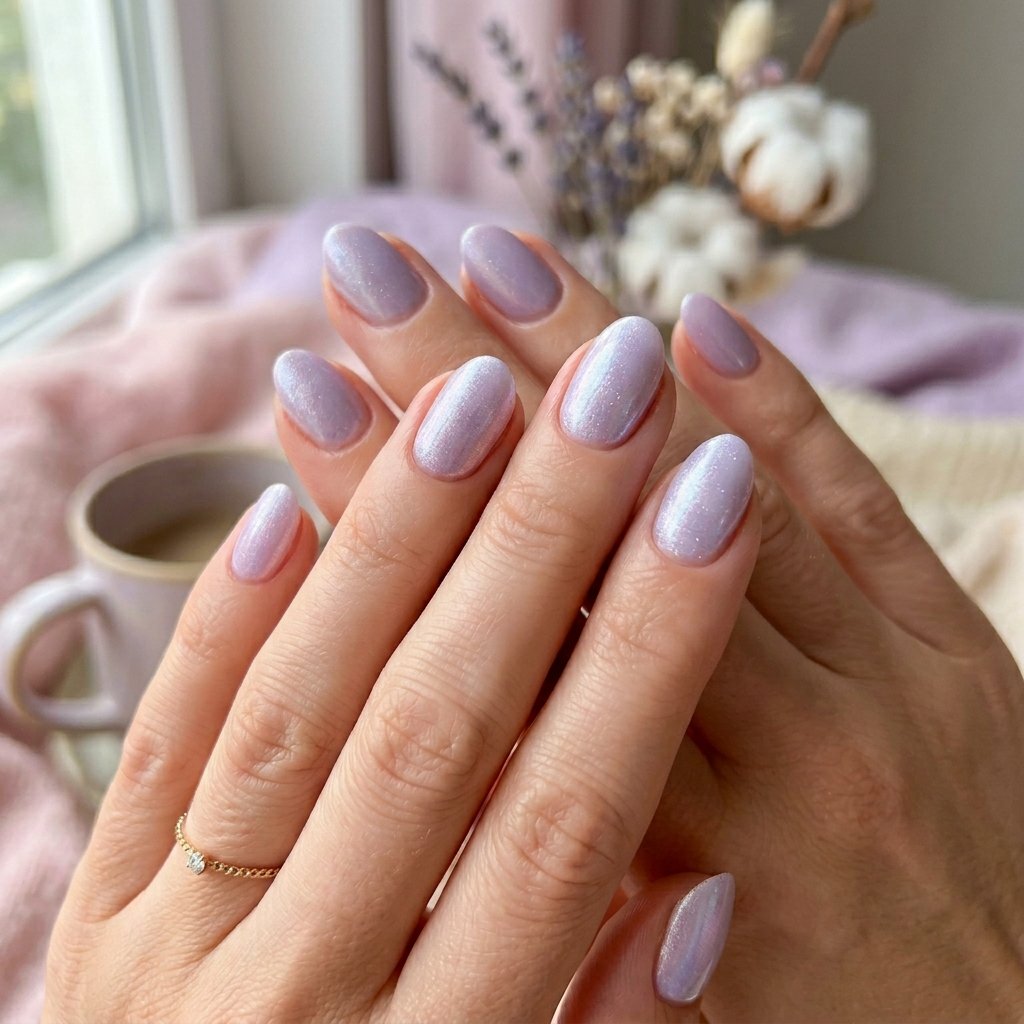 Soft Lavender Shimmer Short Almond Nails