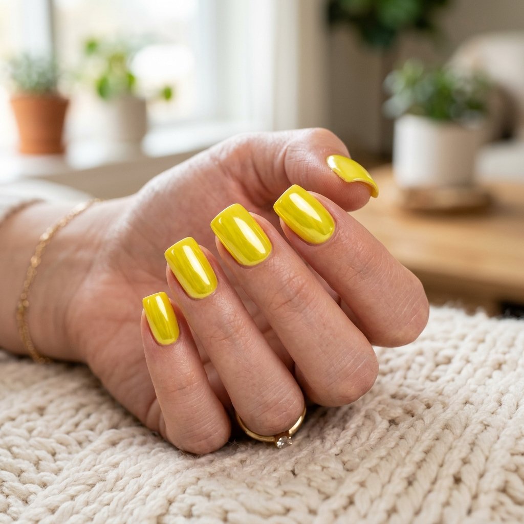 Lemon Yellow Chrome Short Square Nails