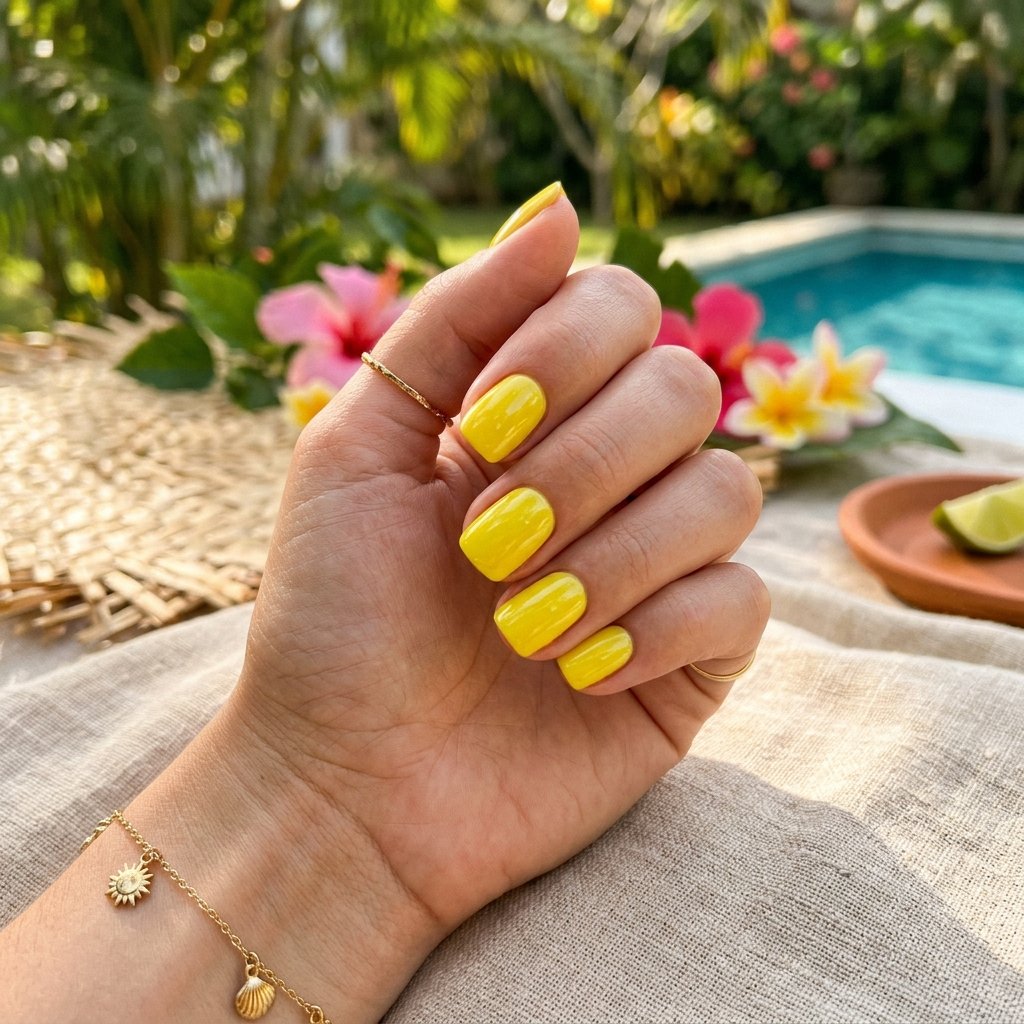 Vivid Lemon Yellow Glazed Short Nails