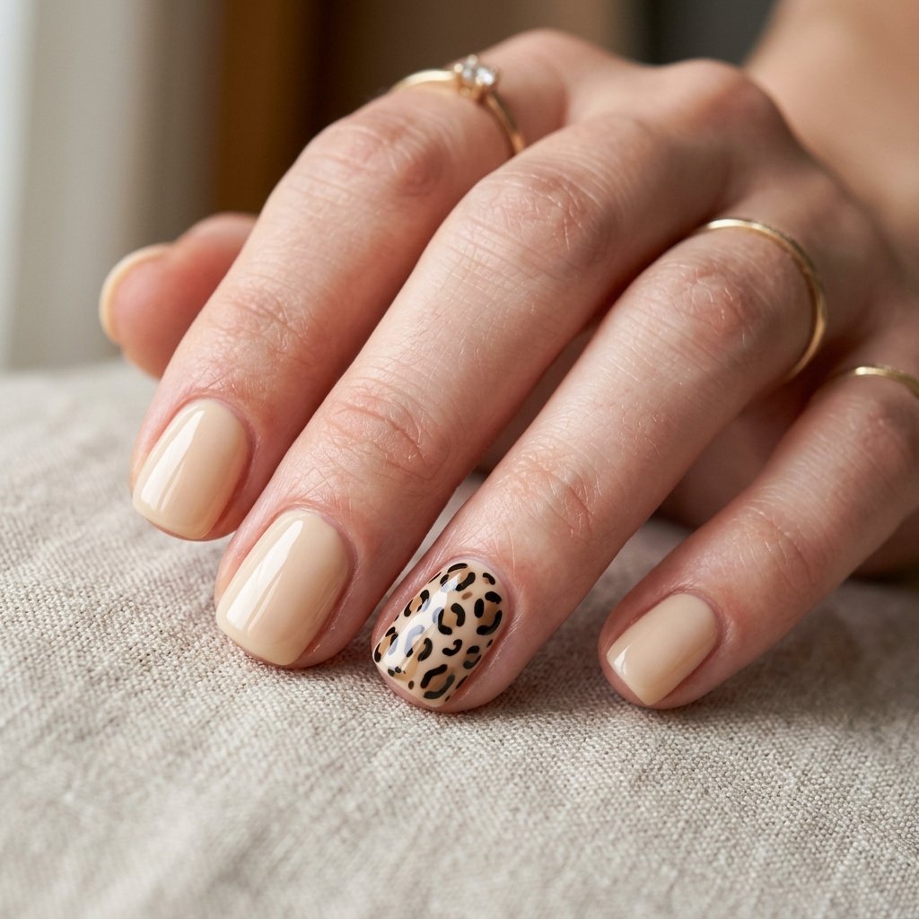 Leopard Print Accent Nails on Warm Cream Base