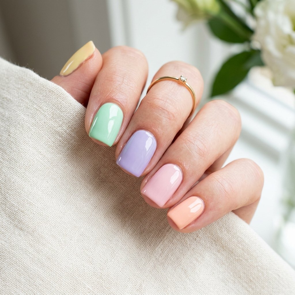 Pastel Rainbow Short Square Nails