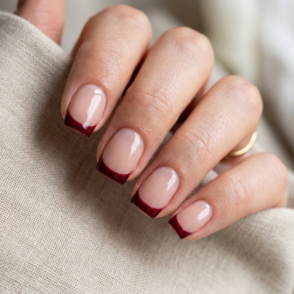 Deep Burgundy French Tips on Short Square Nails