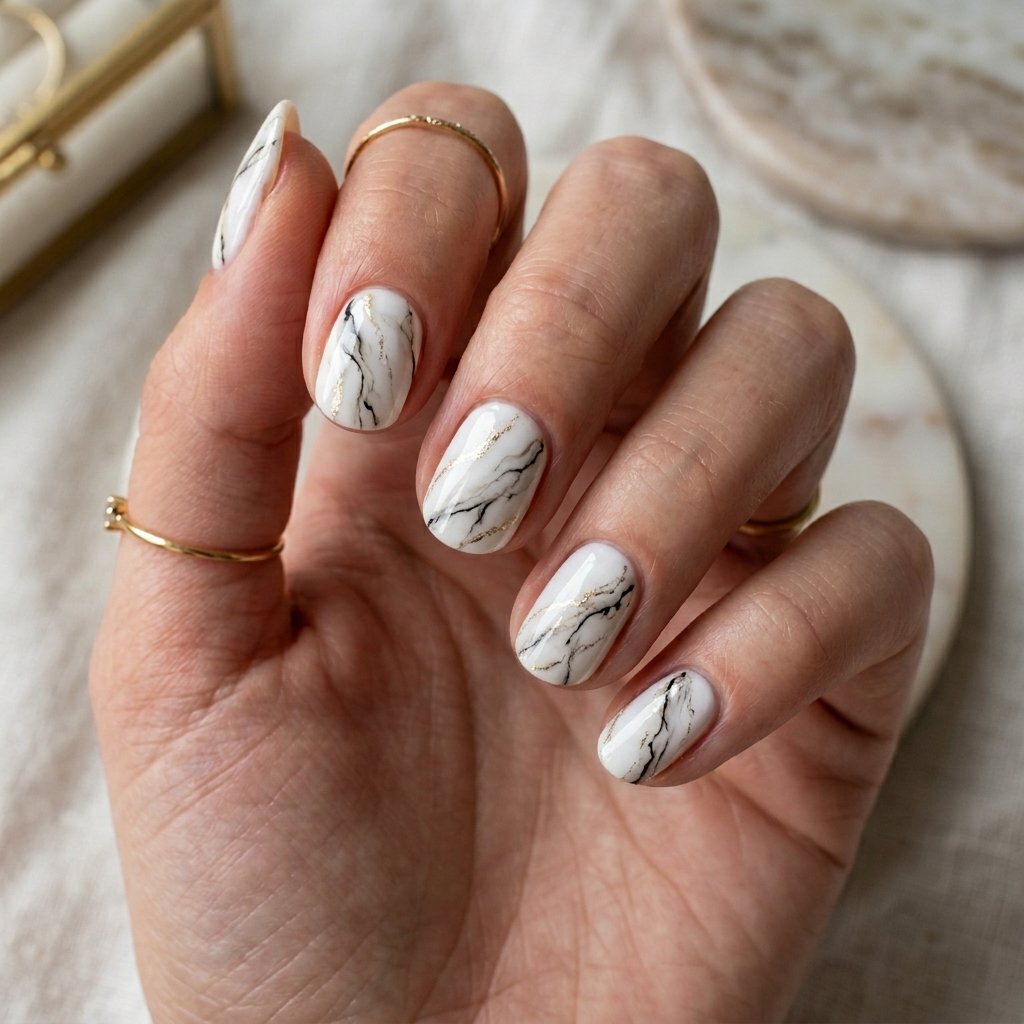 Marbled Design on Short Oval Nails