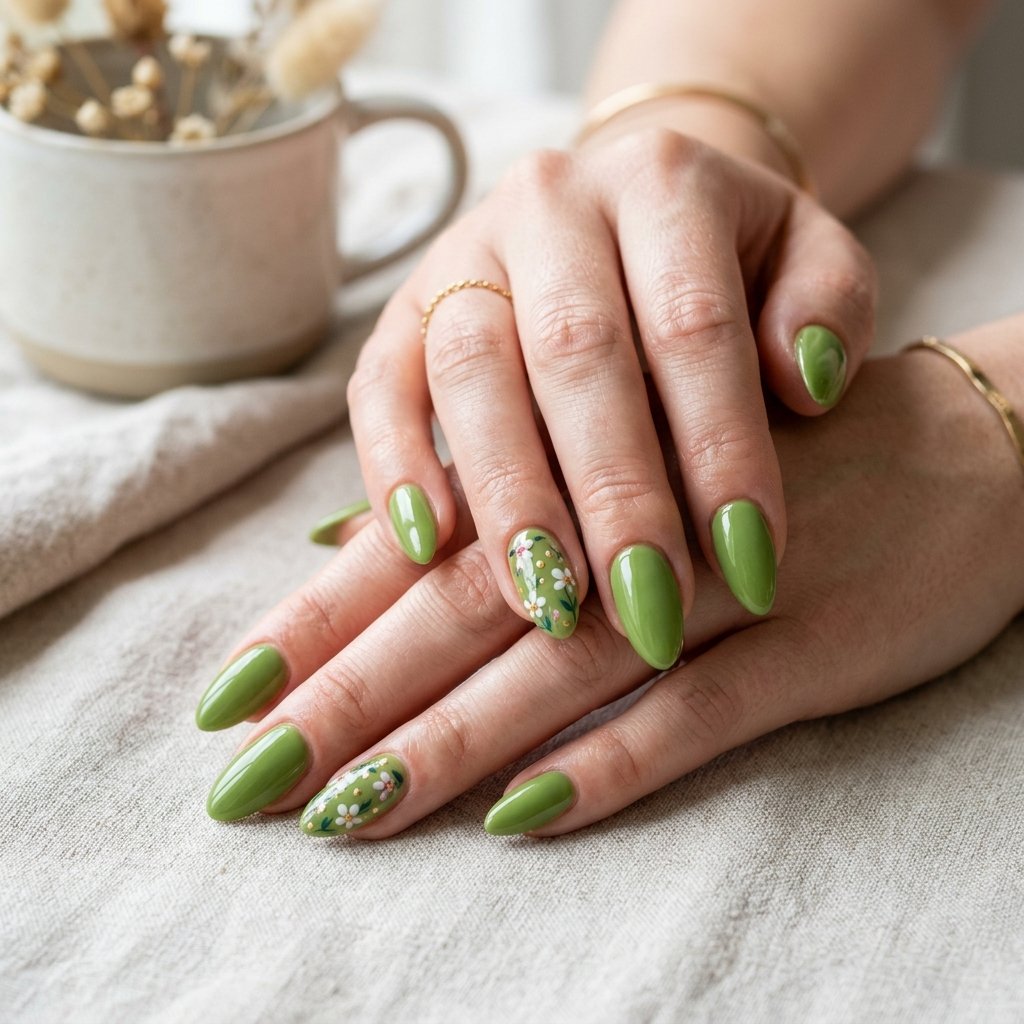 Matcha Floral Accent Nails
