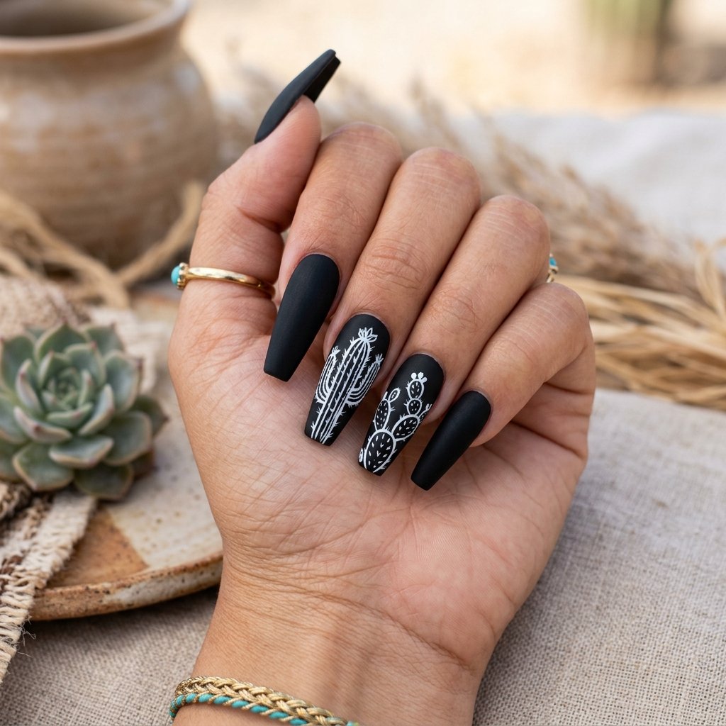 Black Matte Coffin Nails with White Cactus Art
