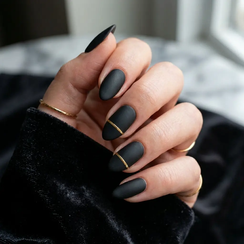 Thin Gold Band Nails on Matte Black Base