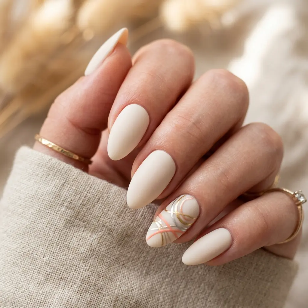 Layered Mixed Color Rings on Matte Cream Nails
