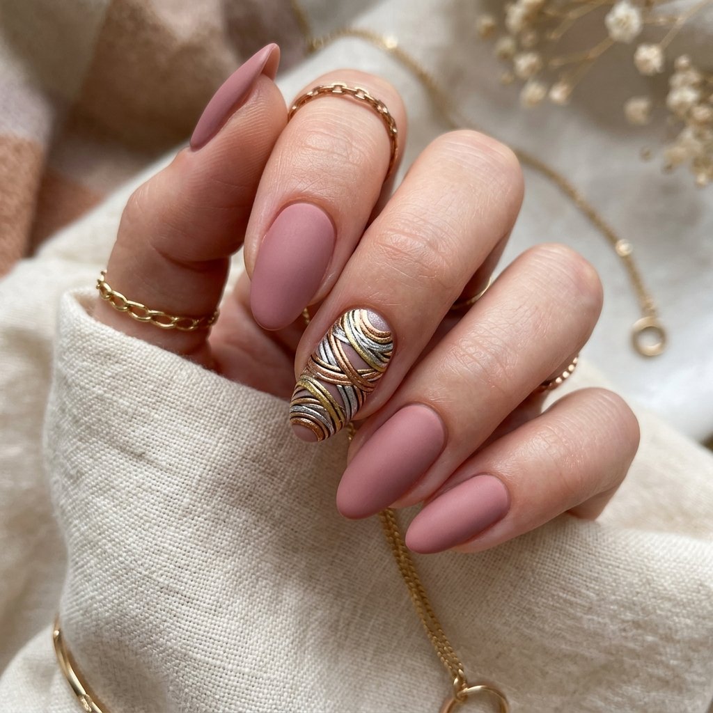Full Bangle Stack Accent Nail on Dusty Rose Matte Base