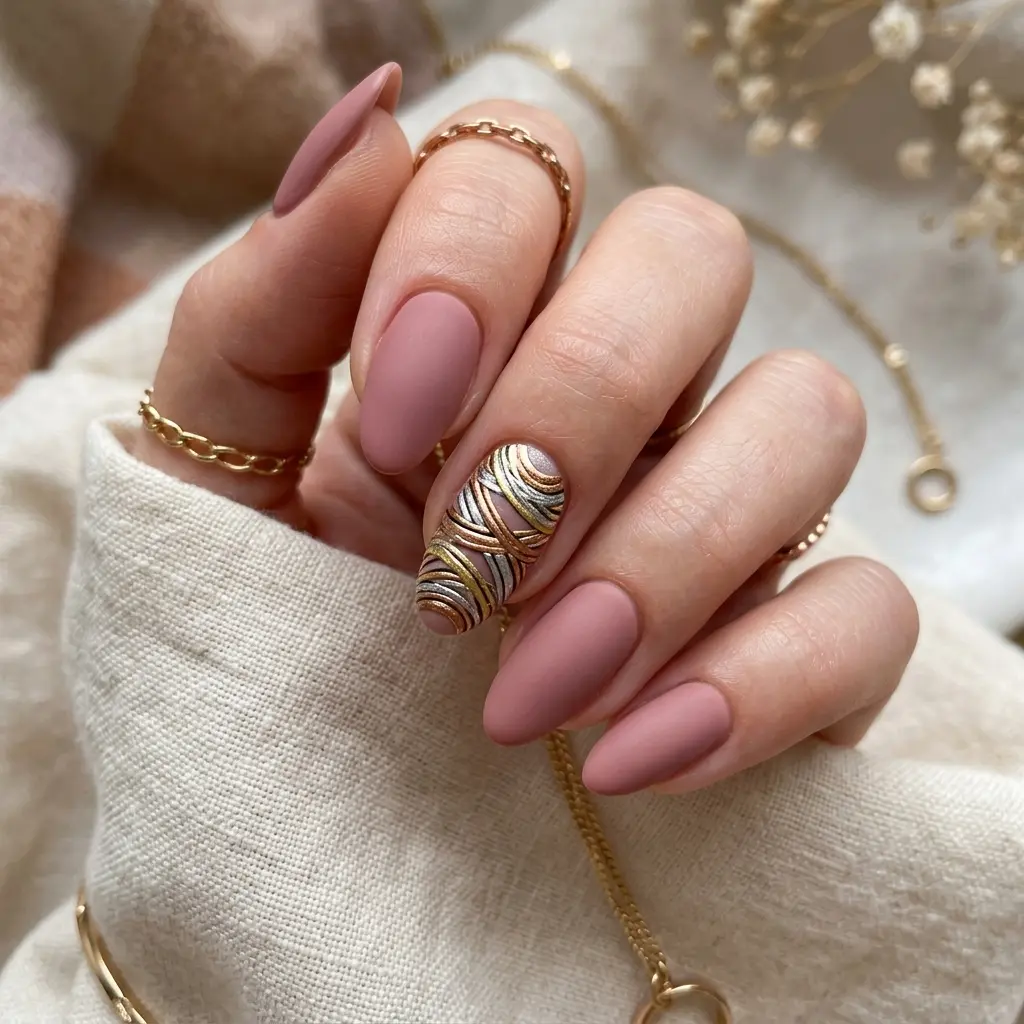 Full Bangle Stack Accent Nail on Dusty Rose Matte Base