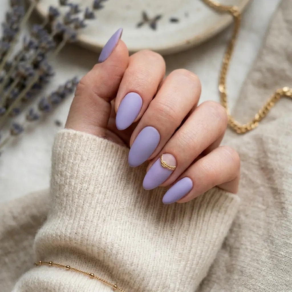 Twisted Wire Ring on Soft Lavender Matte Nails