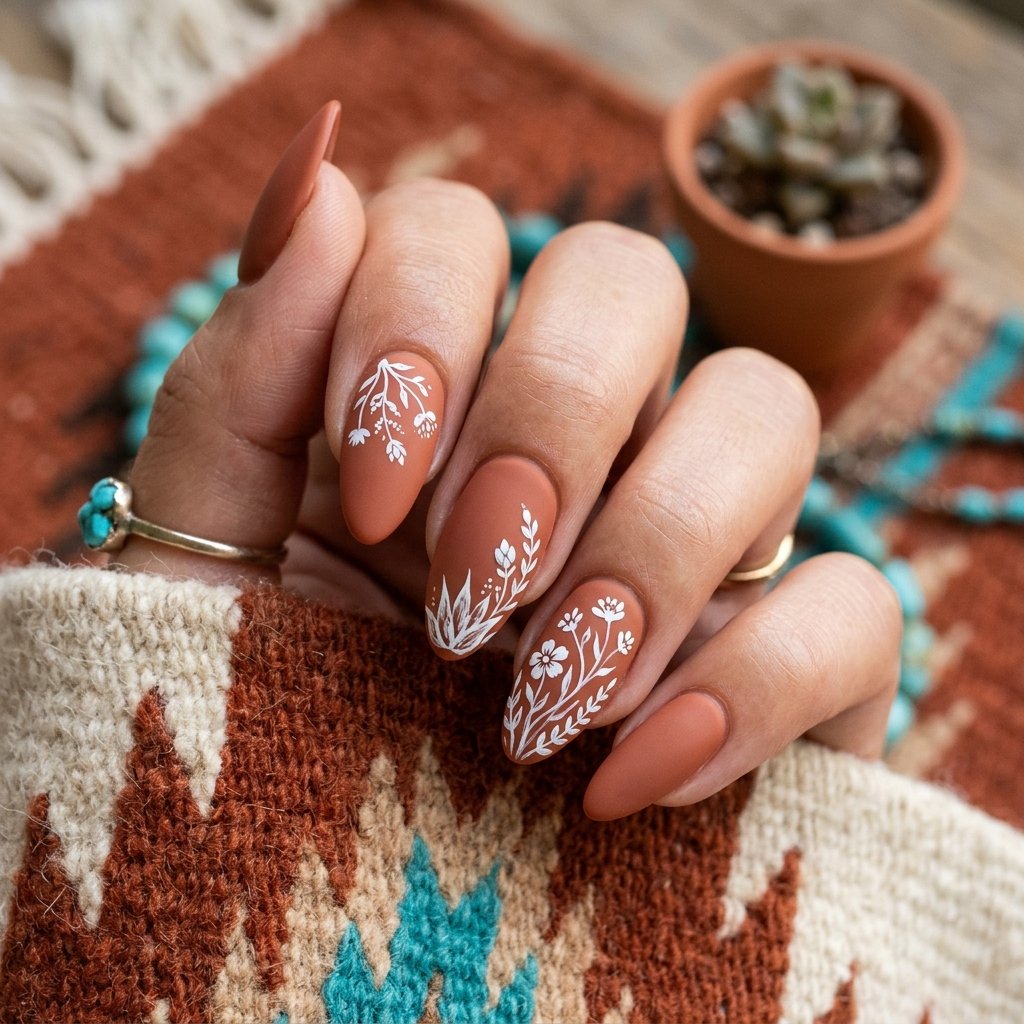 Burnt Sienna Matte Nails with White Floral Art