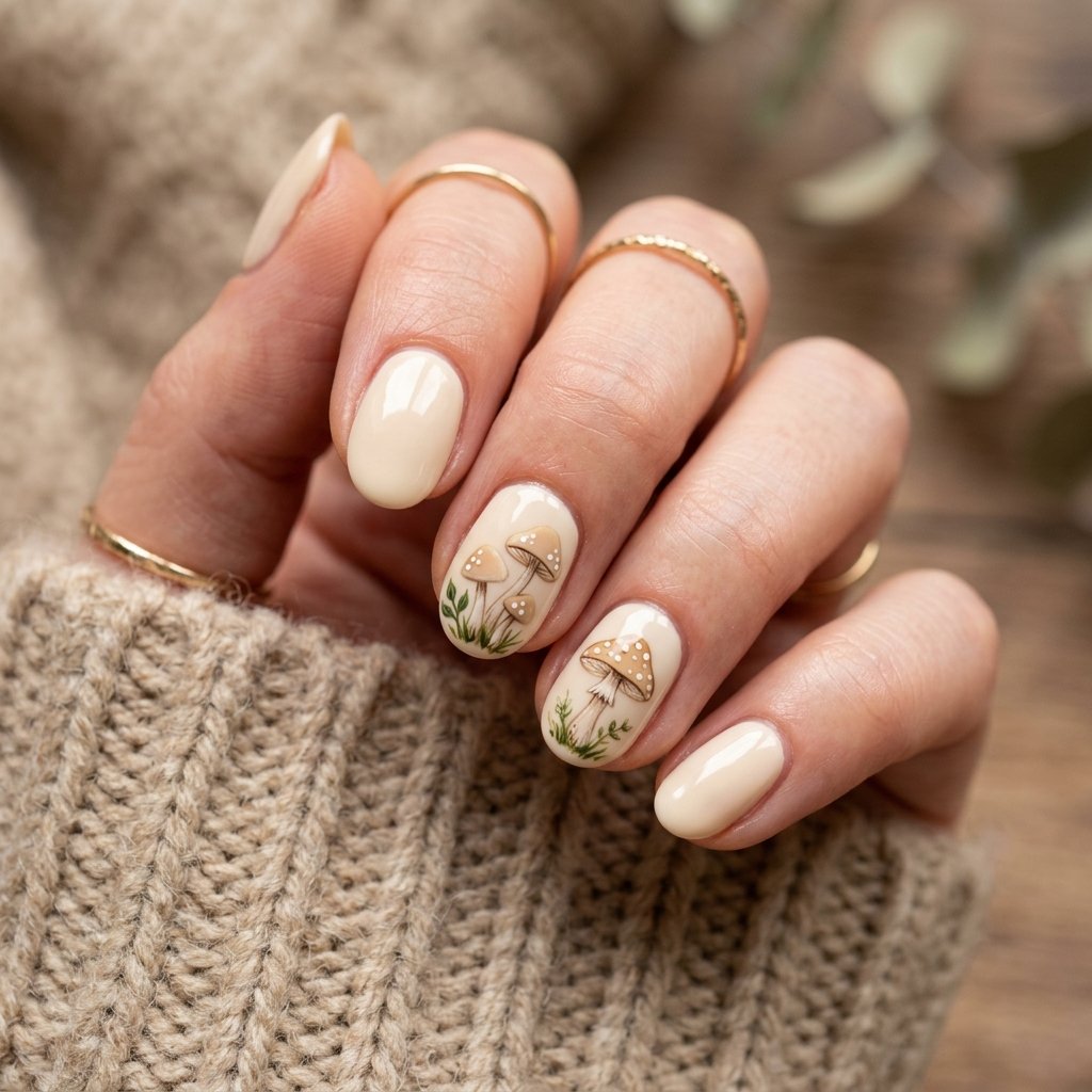Tiny Mushroom Accent Nails