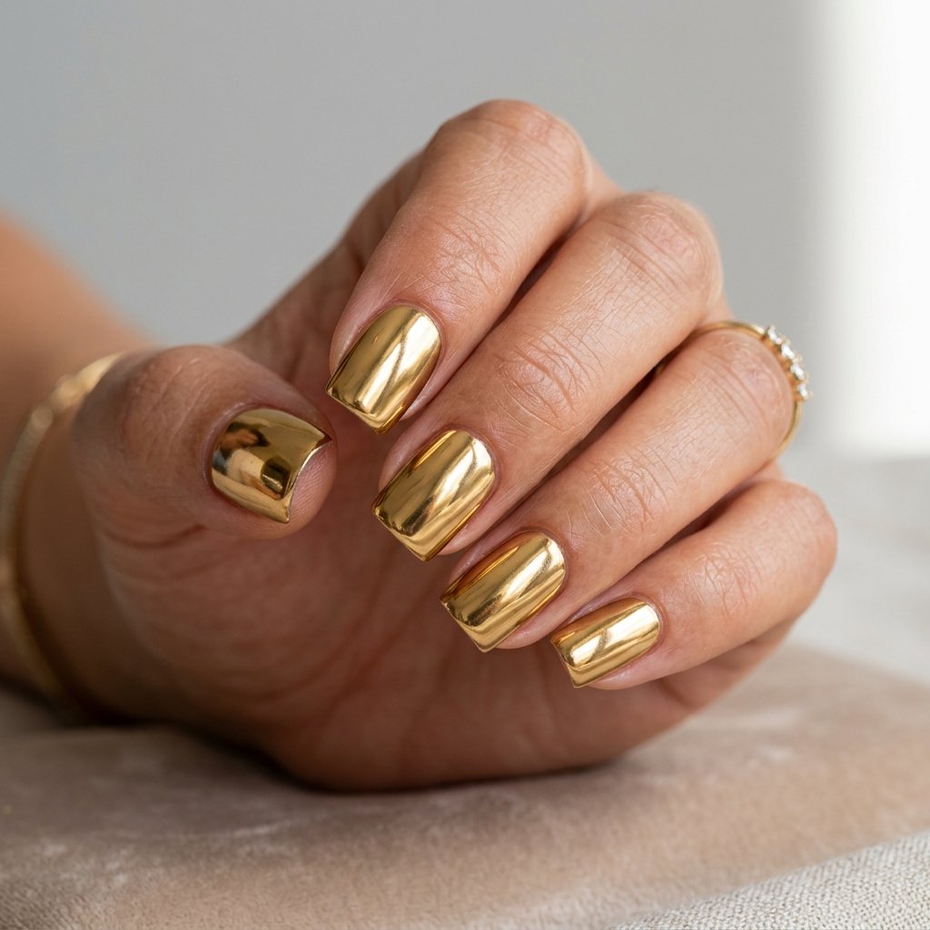 Gold Chrome Short Square Nails