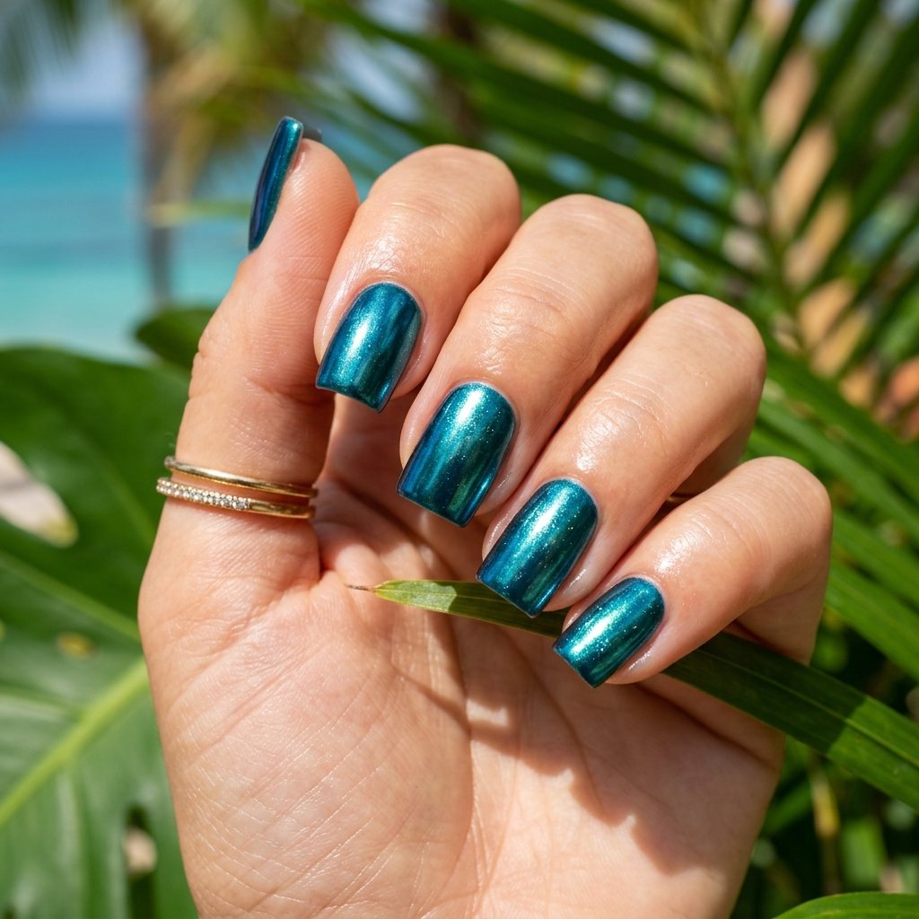 Deep Teal Chrome Short Square Nails