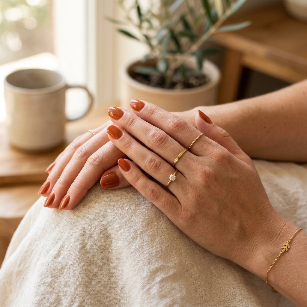 Warm Terracotta Glossy Short Oval Nails