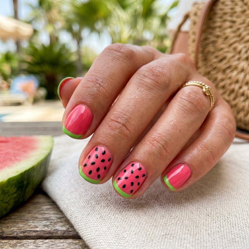 Watermelon Pink Short Nails with Green Tips