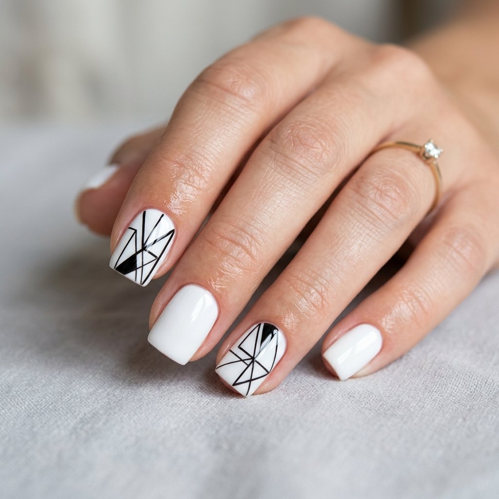 White Short Square Nails with Black Geometric Lines