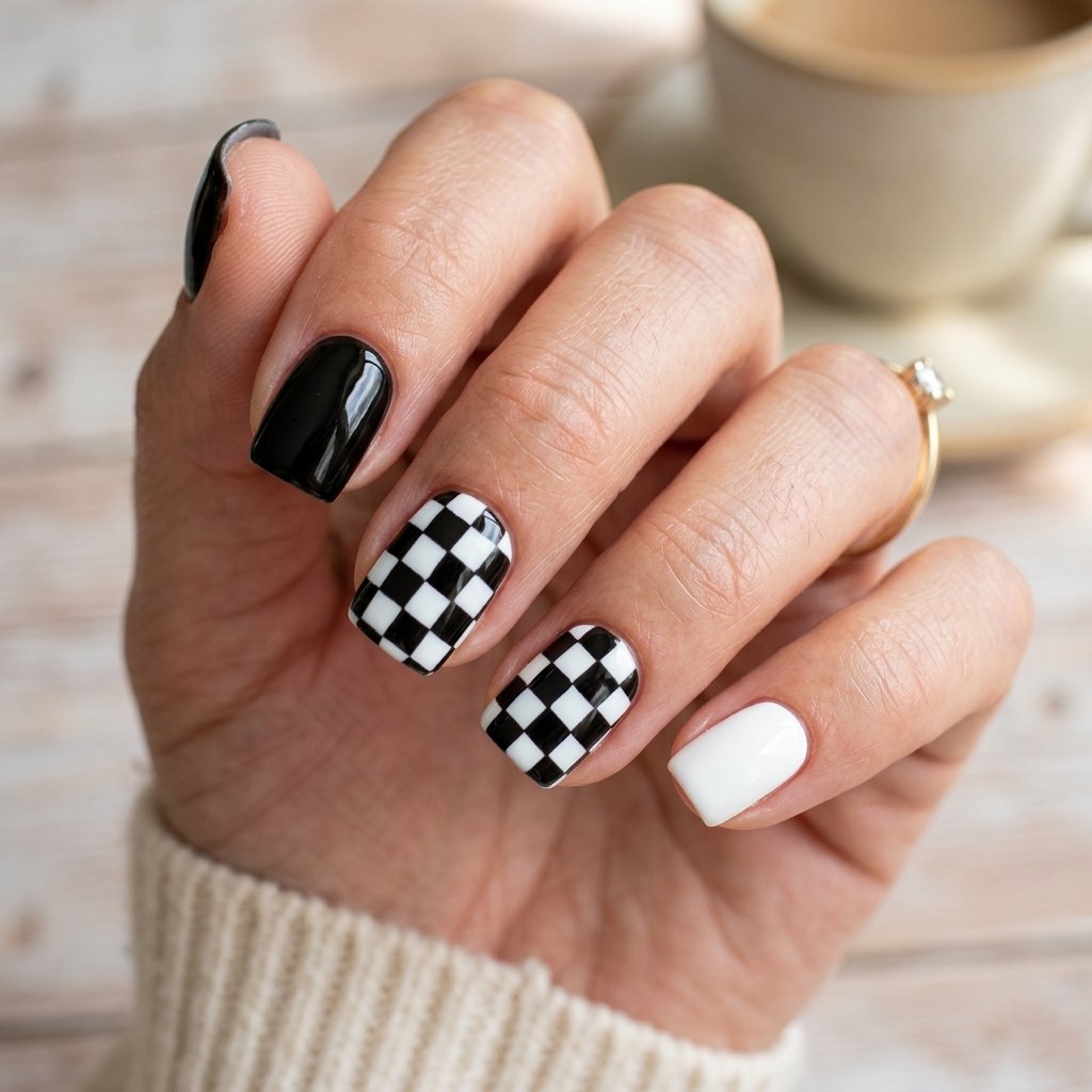Checkerboard Pattern on Short Square Nails