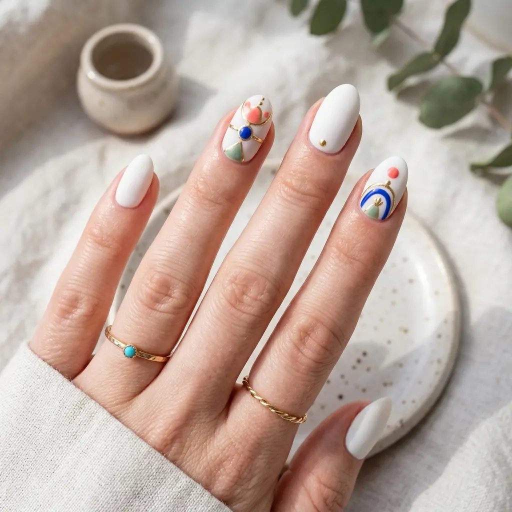 Colorful Enamel Ring Nails on White Base