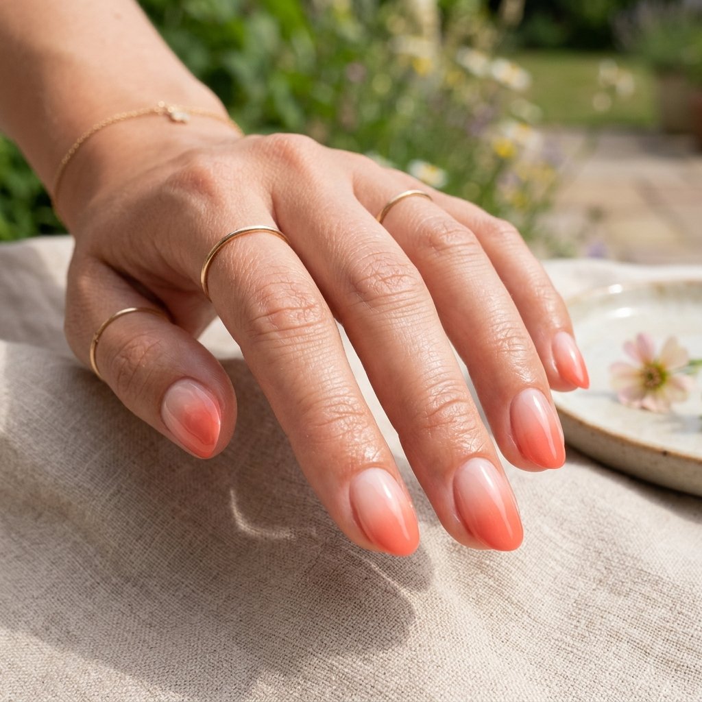 Ombre from Nude to Coral on Short Oval Nails