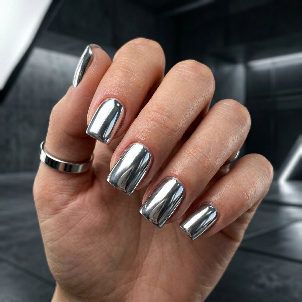 Silver Chrome Short Square Nails
