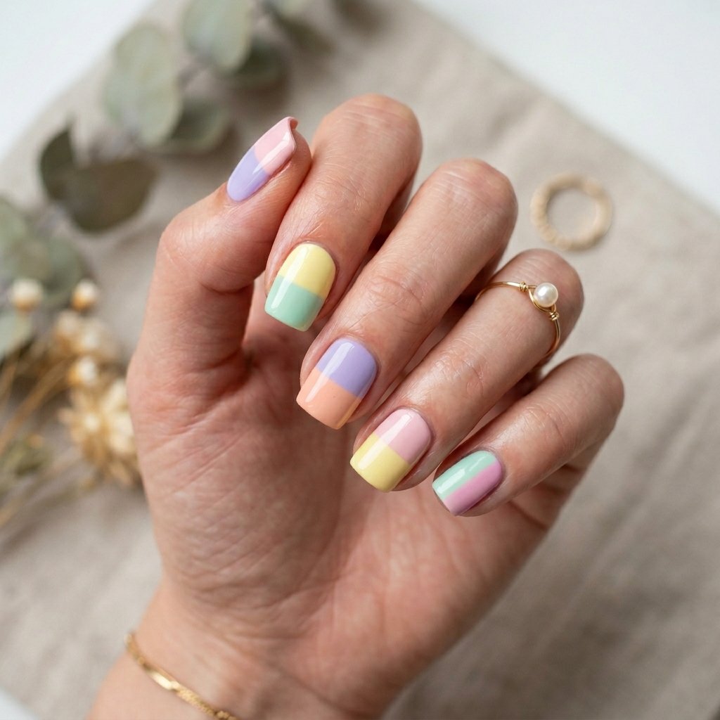 Pastel Color Block Short Square Nails