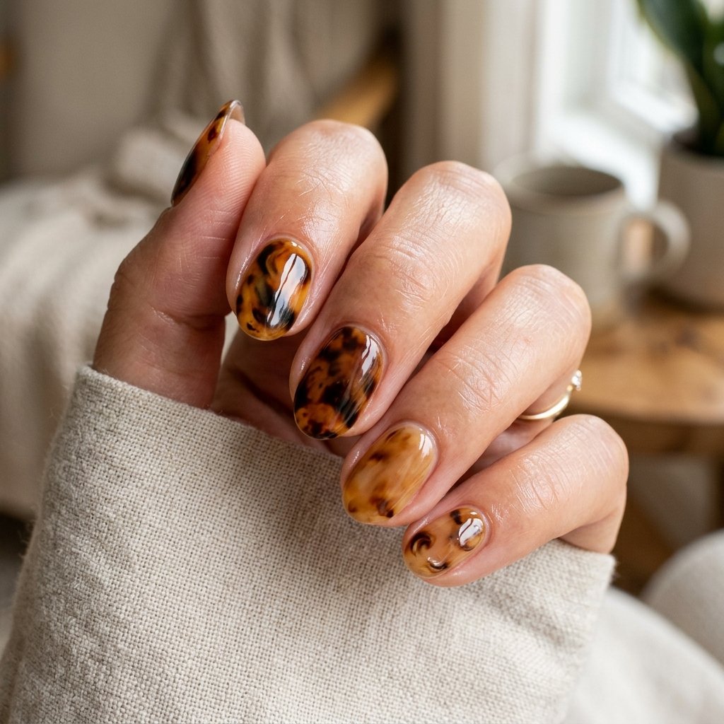 Tortoiseshell Design on Short Oval Nails