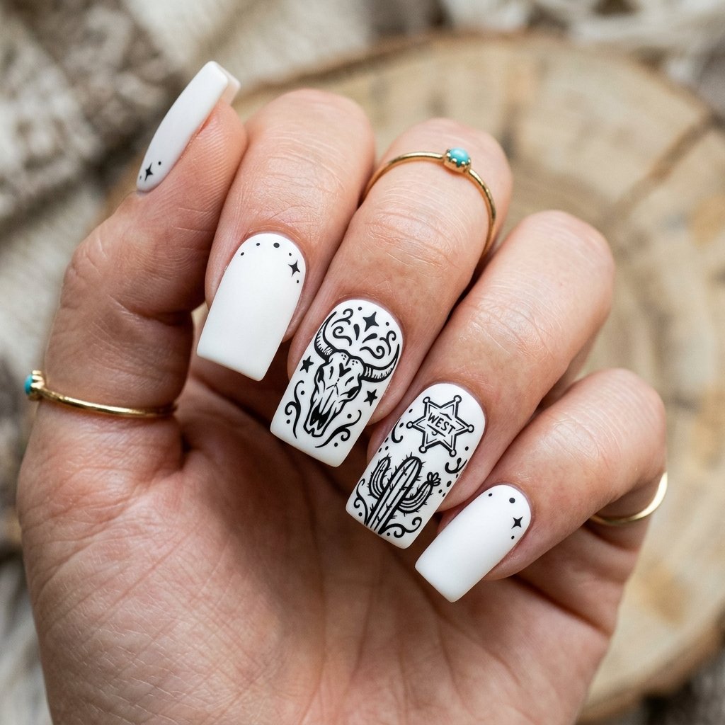 White Matte Square Nails with Black Western Art