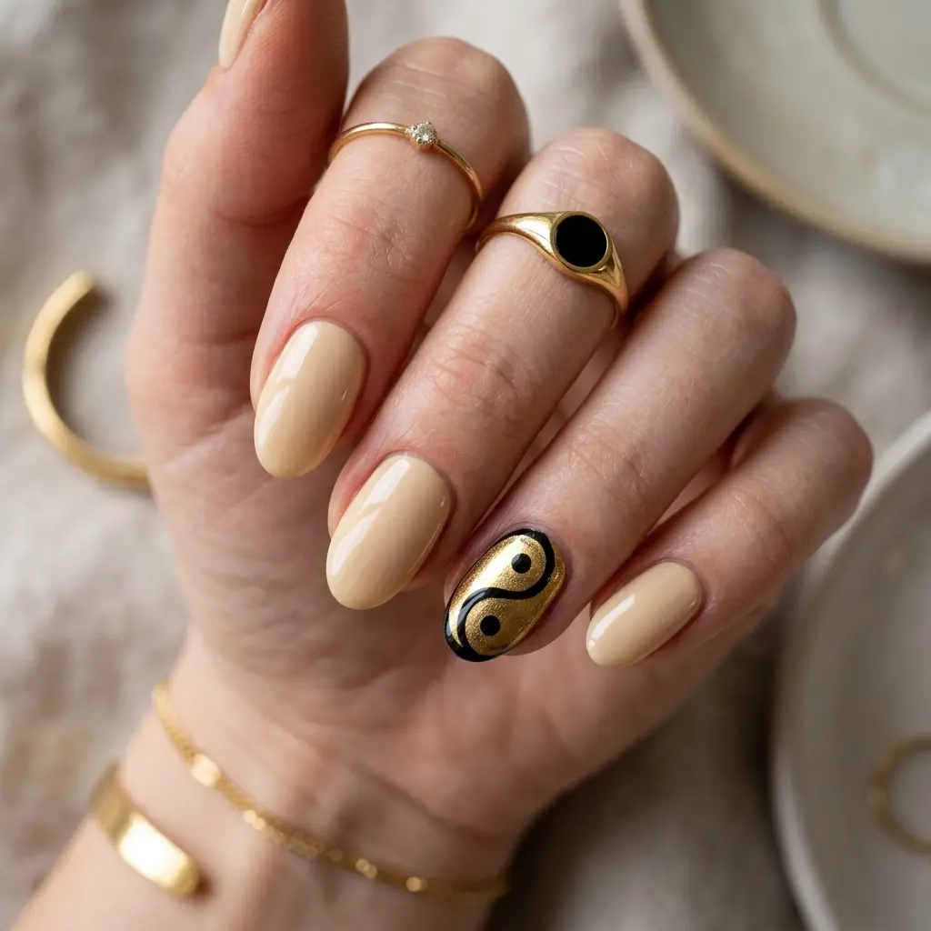 Black and Gold Yin-Yang Ring Nails