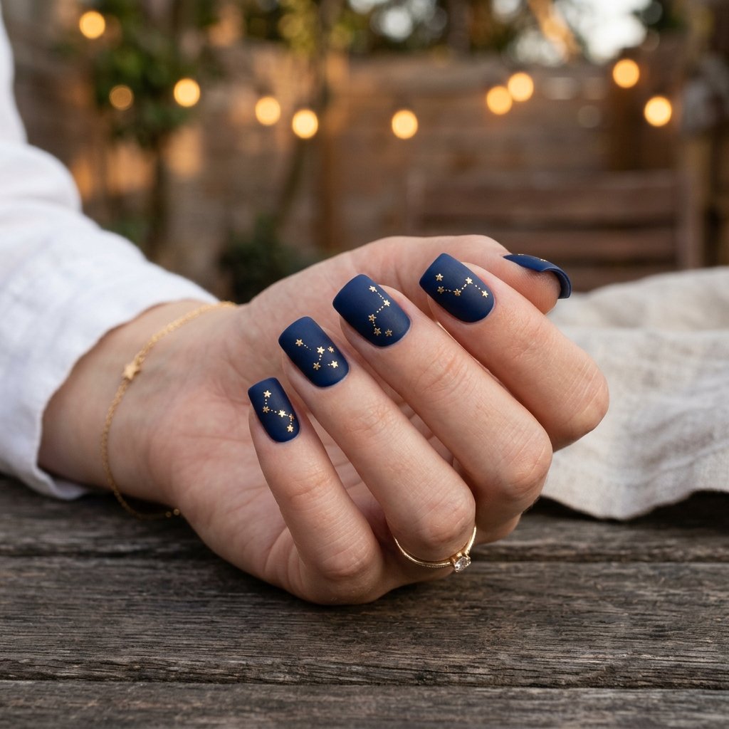 Navy Blue Matte Square Nails with Gold Stars
