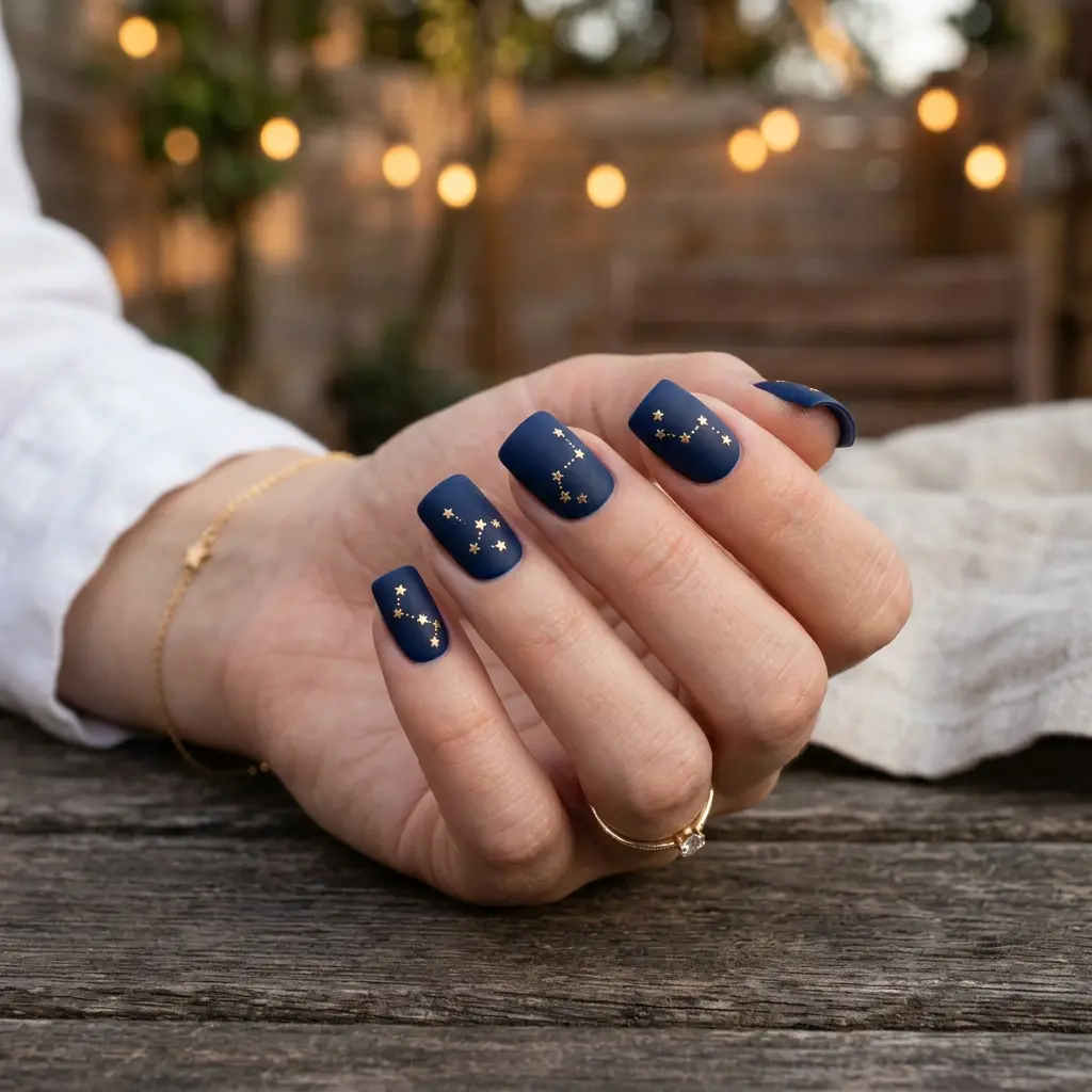 Navy Blue Matte Square Nails with Gold Stars