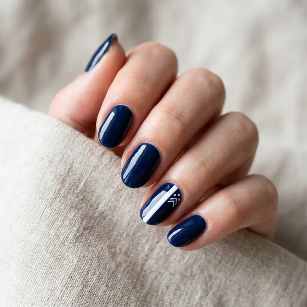 Navy and White Stripe Accent Nails